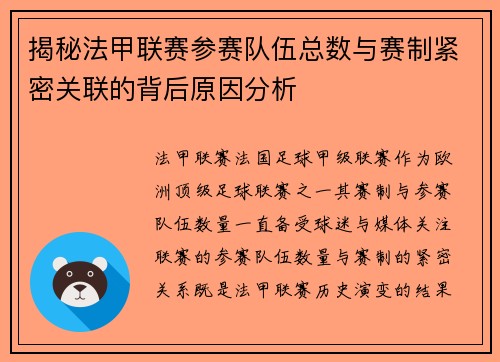 揭秘法甲联赛参赛队伍总数与赛制紧密关联的背后原因分析