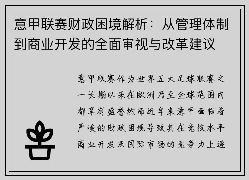 意甲联赛财政困境解析：从管理体制到商业开发的全面审视与改革建议